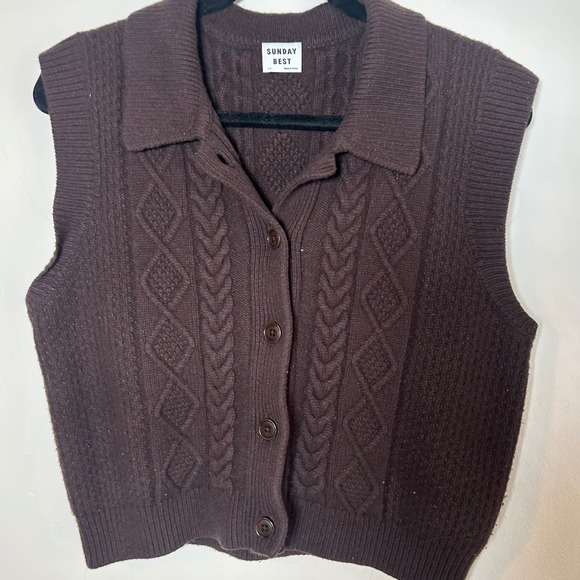 Sunday Best Aritzia Brown Merino Wool Cable Knit Front Polo Sweater Vest Size L - Picture 3 of 6